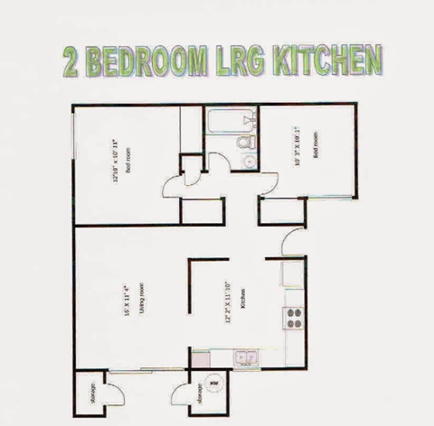 A floor plan of a 2 bedroom living room and kitchen.